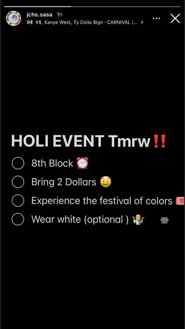 JCHS SASA Holi Instagram sotry post before the events was unfortunately cancelled. 